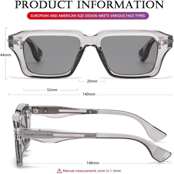 Retro Rectangle Clear Grey Sunglasses Men Women Fashion Square Frame Shades - Picture 5 of 6